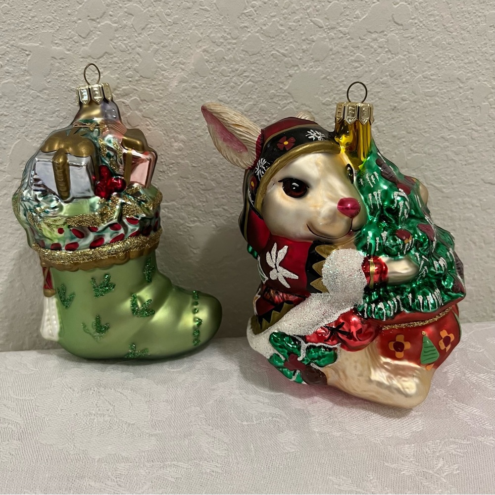 Set of 2 Festive Rabbit and Stocking Holiday Ornaments